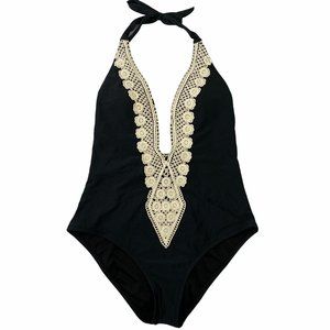 Kona Sol Black Cream Crochet One Piece Swimsuit M